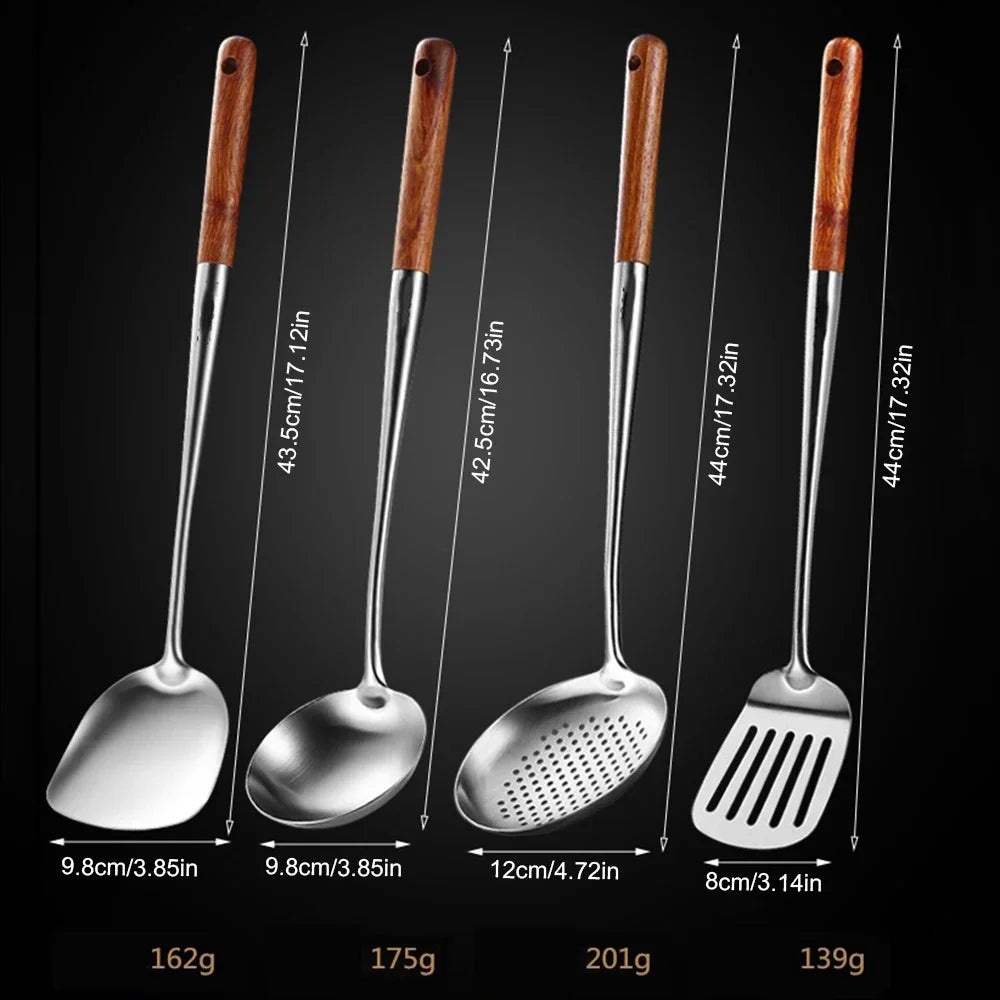 4Pcs Stainless Steel Spatula Spoon Wood Handle