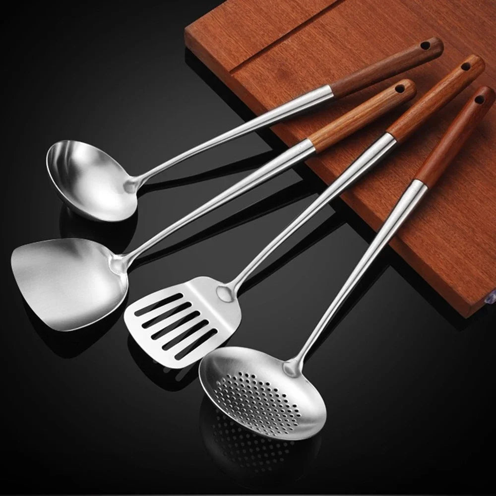 4Pcs Stainless Steel Spatula Spoon Wood Handle